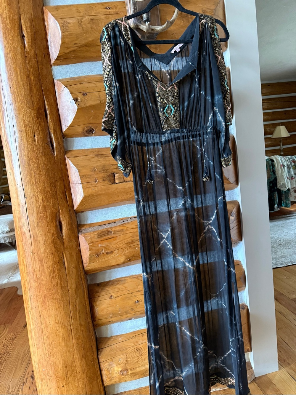 Calypso St. Barth Black Sheer silk Maxi Dress with Gold & Turquoise Embroidery